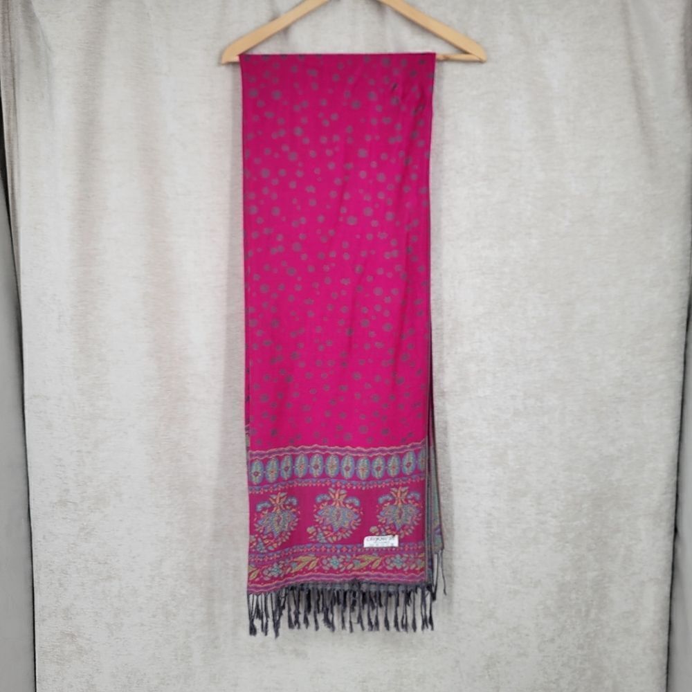 100% Cashmere Kani Shawl Scarf Vivid Pink Teal Blue with Fringe - Picture 9 of 12